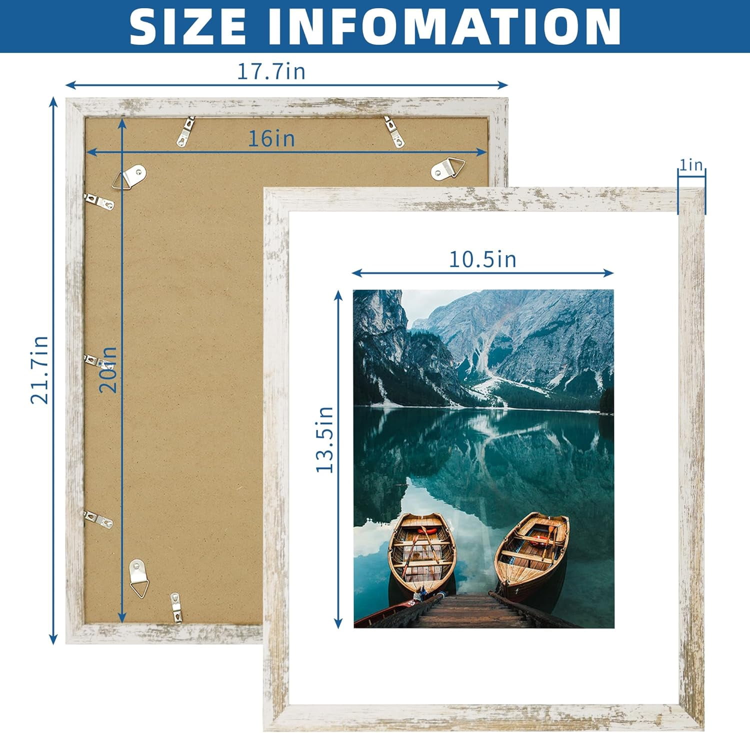 16x20 Frames Set of 2, Distressed White Wood Style - Display 16 x 20 Picture without Mat or 11x14 Picture with Mat, Wall Mounting Horizontal and Vertical