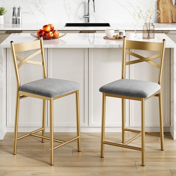 Modern PU Leather Counter Height Bar Stools with Backrest & Footrest – Sturdy Metal Frame Kitchen Island Dining Chairs – Set of 2, Gold, 22-Inch