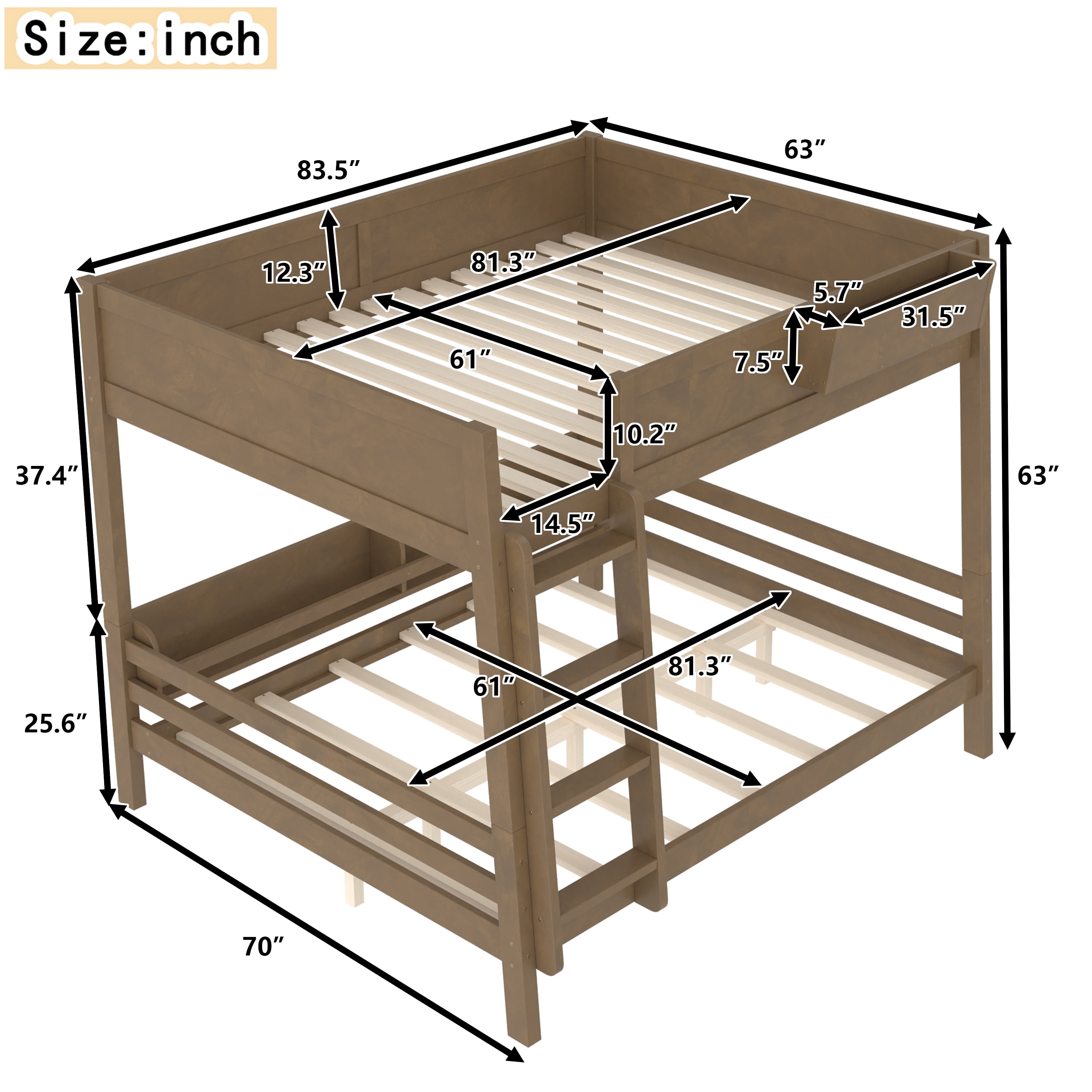 Mintazer Queen Over Queen Detachable Bunk Bed with Storage Shelf and Bookshelf, Modern Convertible Bunk Bed with Ladder and Guardrails for Bedroom Guest Room, Vintage Brown