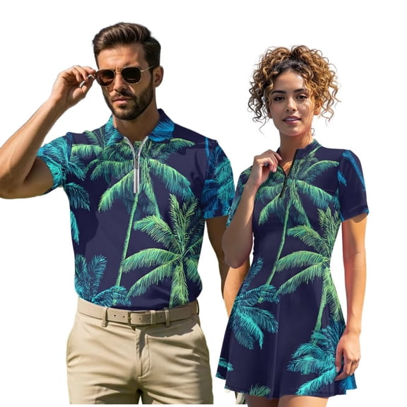 Uorisanigo Palm Tree Couple Matching Outfit His and Hers Clothing Mens Golf Shirts Quick Dry Short Sleeve Shirts for Athletic and Womens Golf Clothes Build in Shorts with Pockets