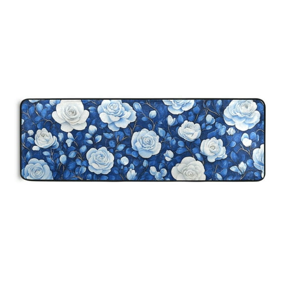 Vibrant Blue and White Roses Runner Rug for Hallways Kitchen Non Slip 2'x 6' Washable Hall Carpet for Bedroom Entryway Laundry Room