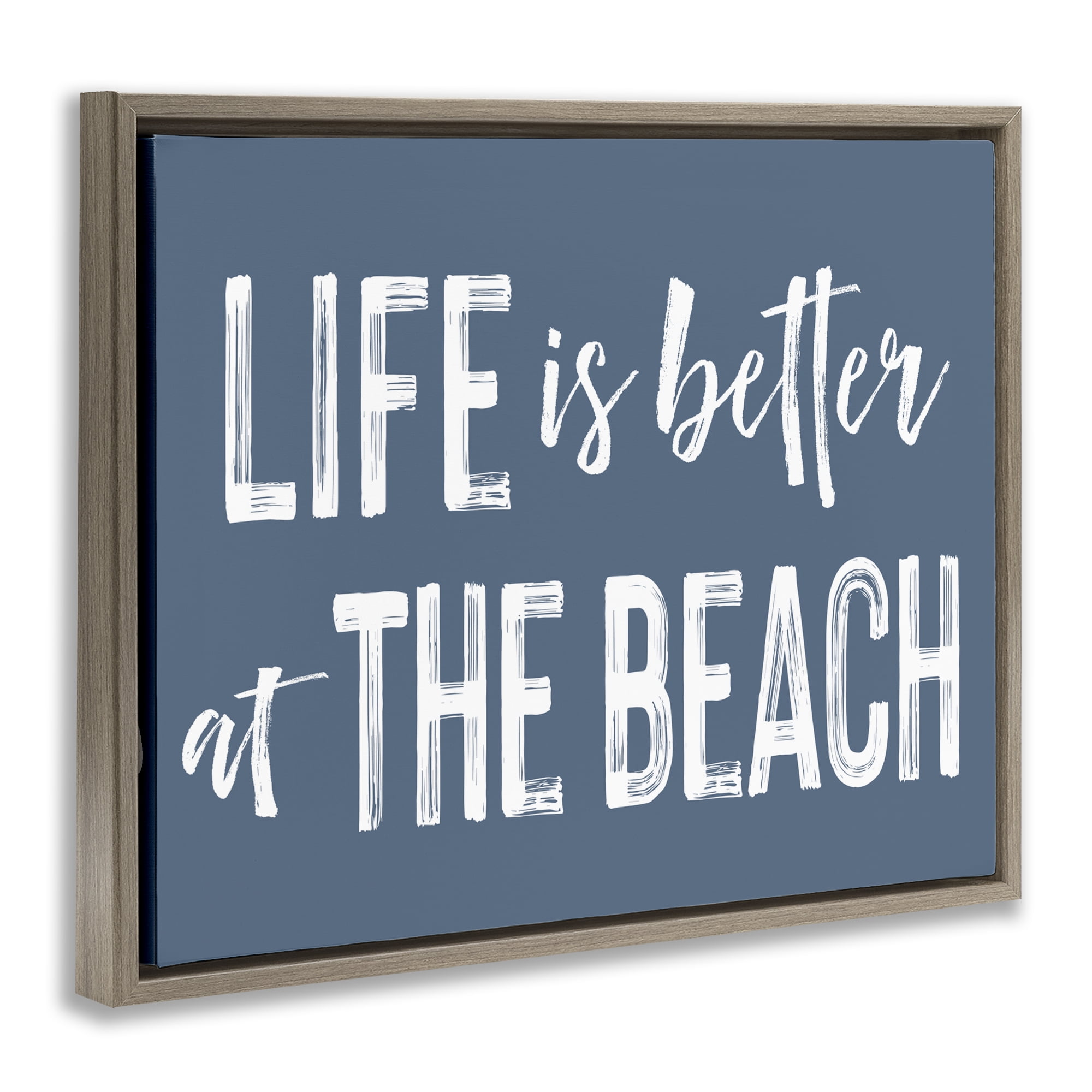 Life Better At Beach Blue Brown Framed Floater Canvas Wall Art, design by Lettered and Lined