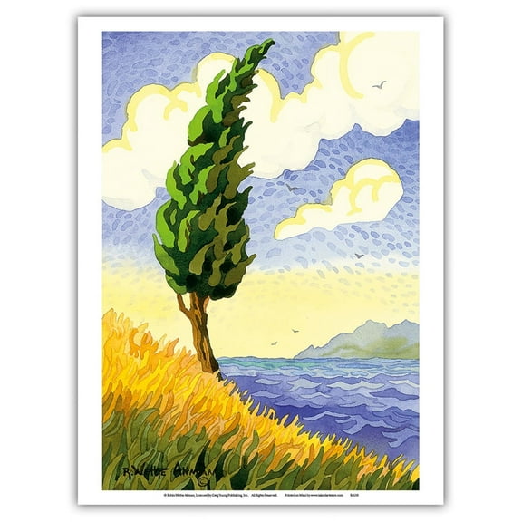 Lone Cypress and Sea - Tuscany Italy - From an Original Watercolor Painting by Robin Wethe Altman - Master Art Print (Unframed) 9in x 12in