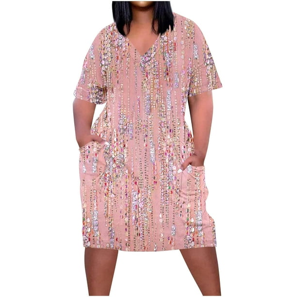 Vestido Corto de Verano Moda Grande Impresión de Manga Corta Cuello en V Bolsillo Mini Vestido para Casual Y Diario