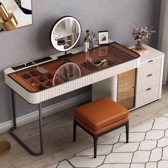 Larits Makeup Vanity, Very Easy to Assemble,Dressing Table Desk in one, Super Storage, with LED Light Vanity Mirror with ash Full Solid Wood upholstered Vanity Stool
