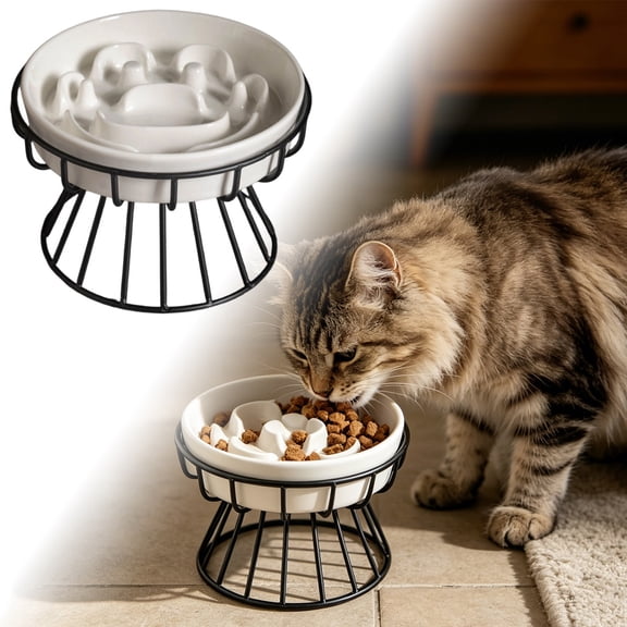Heavy Duty Ceramic Slow Feeder Cat Bowl,Non Slip Stainless Steel Food Dish for Slow Feeding, Raised Design for Cats Dogs, Bloat Prevention