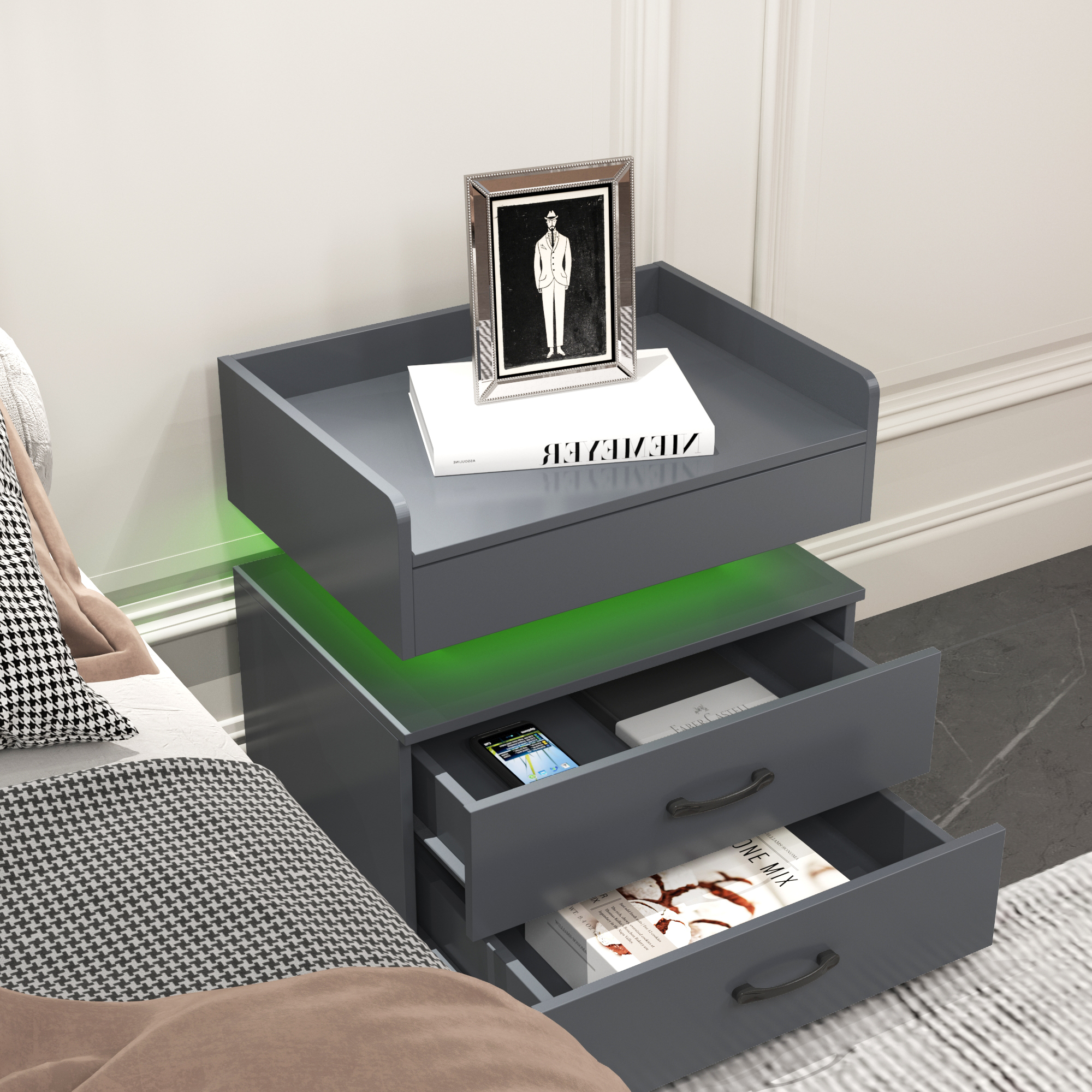 Leumius Nightstand with Adjustable LED & 2-Drawers,Modern Bedside Table, Coffee Table,Sofa Side Table,End Table for Bedroom Living Room,Grey