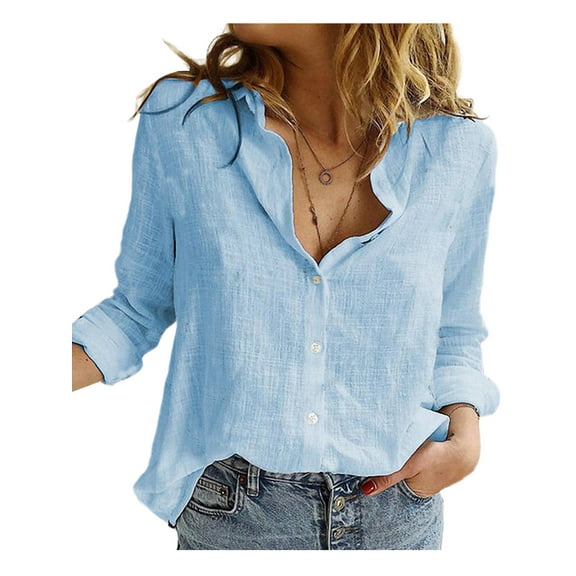 DcoolMoogl Women Cotton Linen Oversized Baggy Button Down T-Shirt Blouse Tops Ladies Vintage V-Neck Tunic Tops Basic Tee
