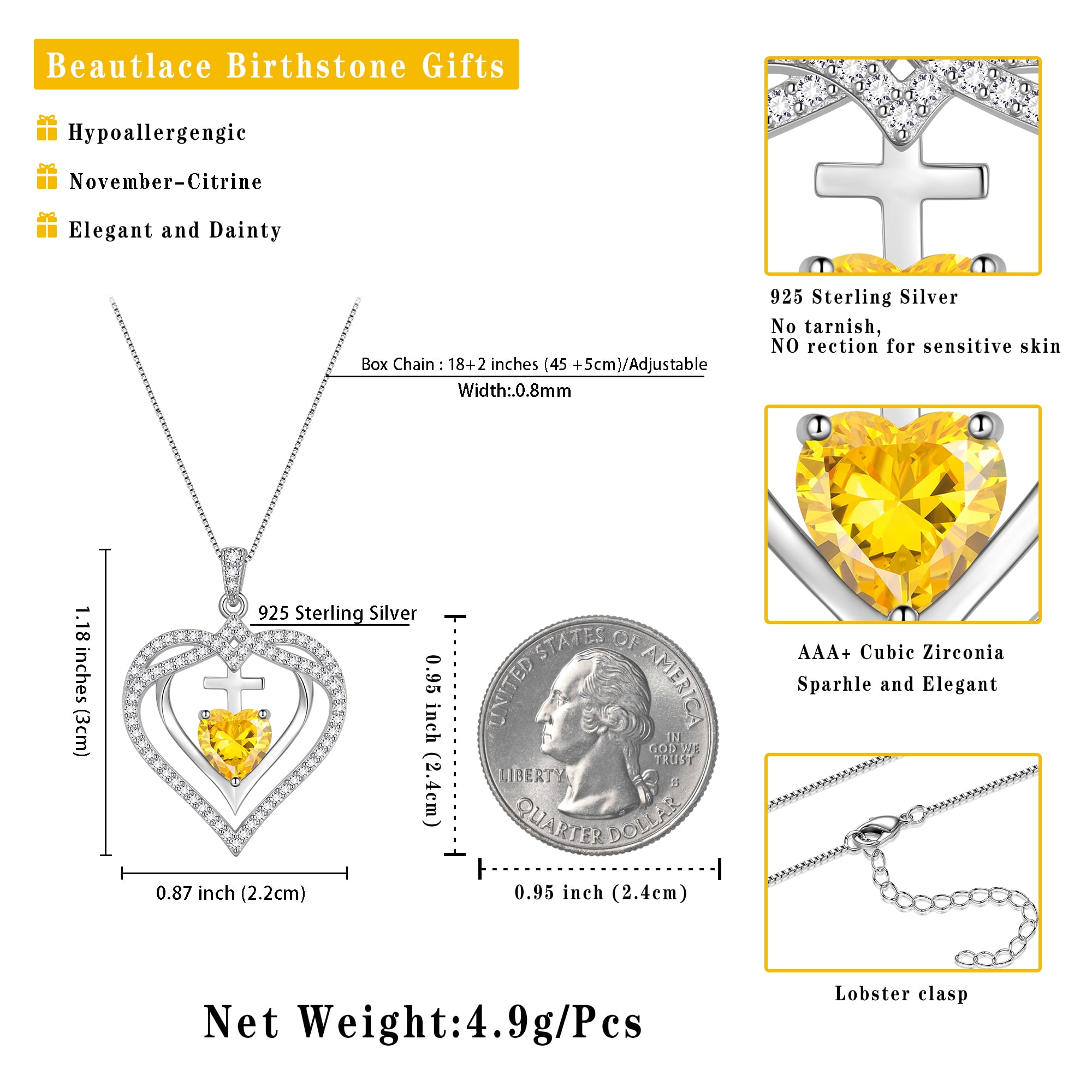 Beautlace 925 Sterling Silver Cross Necklace,November Birthstone Heart Pendant Necklace Jewelry Birthday Christmas Mothers Day Gifts for Women Mom