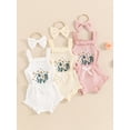 thumbnail image 3 of FOCUSNORM Baby Girl Summer Outfits Waffle Flower Embroidered Sleeveless Romper Ruffles Shorts Headband 3Pcs Clothes Set, 3 of 9