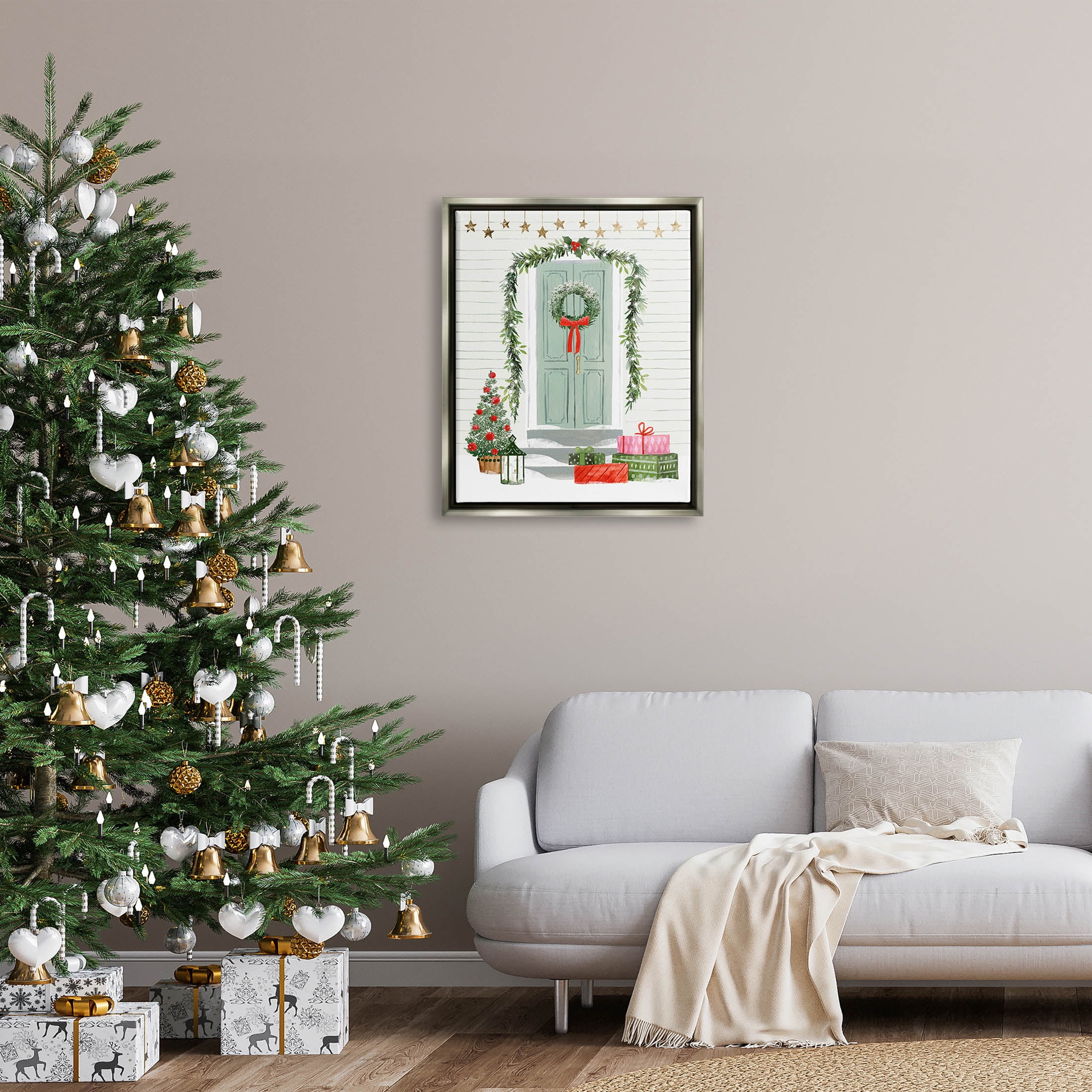 Stupell Industries Christmas Presents Wreath Doorstep Graphic Art Luster Gray Floating Framed Canvas Print Wall Art, Design by Victoria Barnes