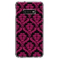 thumbnail image 1 of DistinctInk Clear Shockproof Hybrid Case for Samsung Galaxy S10e (5.8" Screen) - TPU Bumper, Acrylic Back, Tempered Glass Screen Protector - Black Hot Pink Damask Pattern - Floral Damask Pattern, 1 of 2