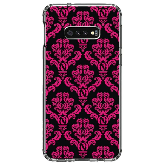 DistinctInk Clear Shockproof Hybrid Case for Samsung Galaxy S10e (5.8" Screen) - TPU Bumper, Acrylic Back, Tempered Glass Screen Protector - Black Hot Pink Damask Pattern - Floral Damask Pattern