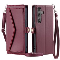 For Samsung Galaxy A14 5G Wallet Case, RFID Blocking Crossybody Shoulder Strap Hand Wrist Flip Cover Carsd Holder Snap Closure Protective Phone Case for Samsung Galaxy A14 5G, Winered