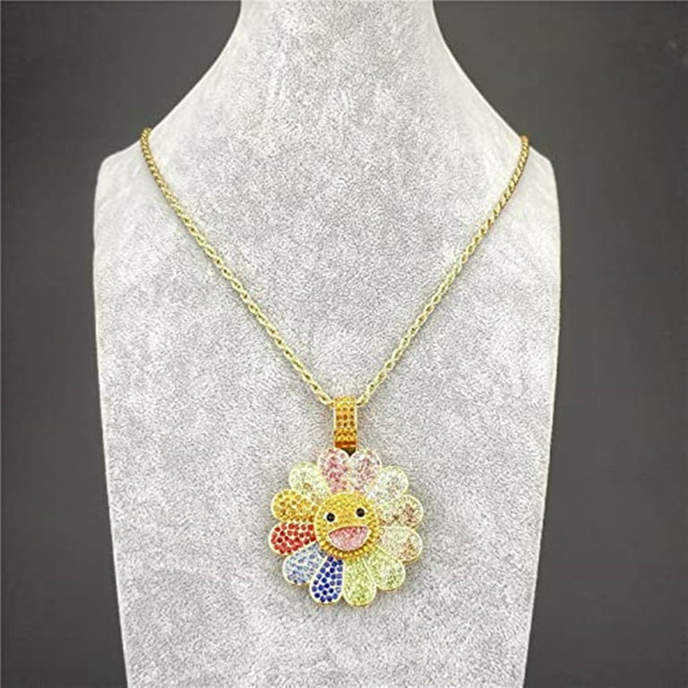 RMYSUM Sunflower Colorful Petal Smiley Face Necklace Rotatable Hip Hop  Pendant Necklace Takashi Murakami(Rotatable,23.6 inches), Gold Color,  Standard