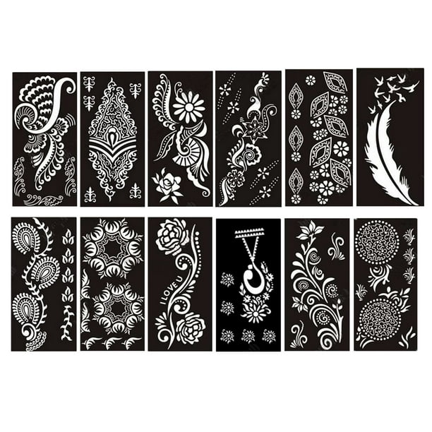 pack of 12 sheets self adhesive henna tattoo stencils template for henna tattoo body art painting glitter tattoos airbrush tattoo walmart com