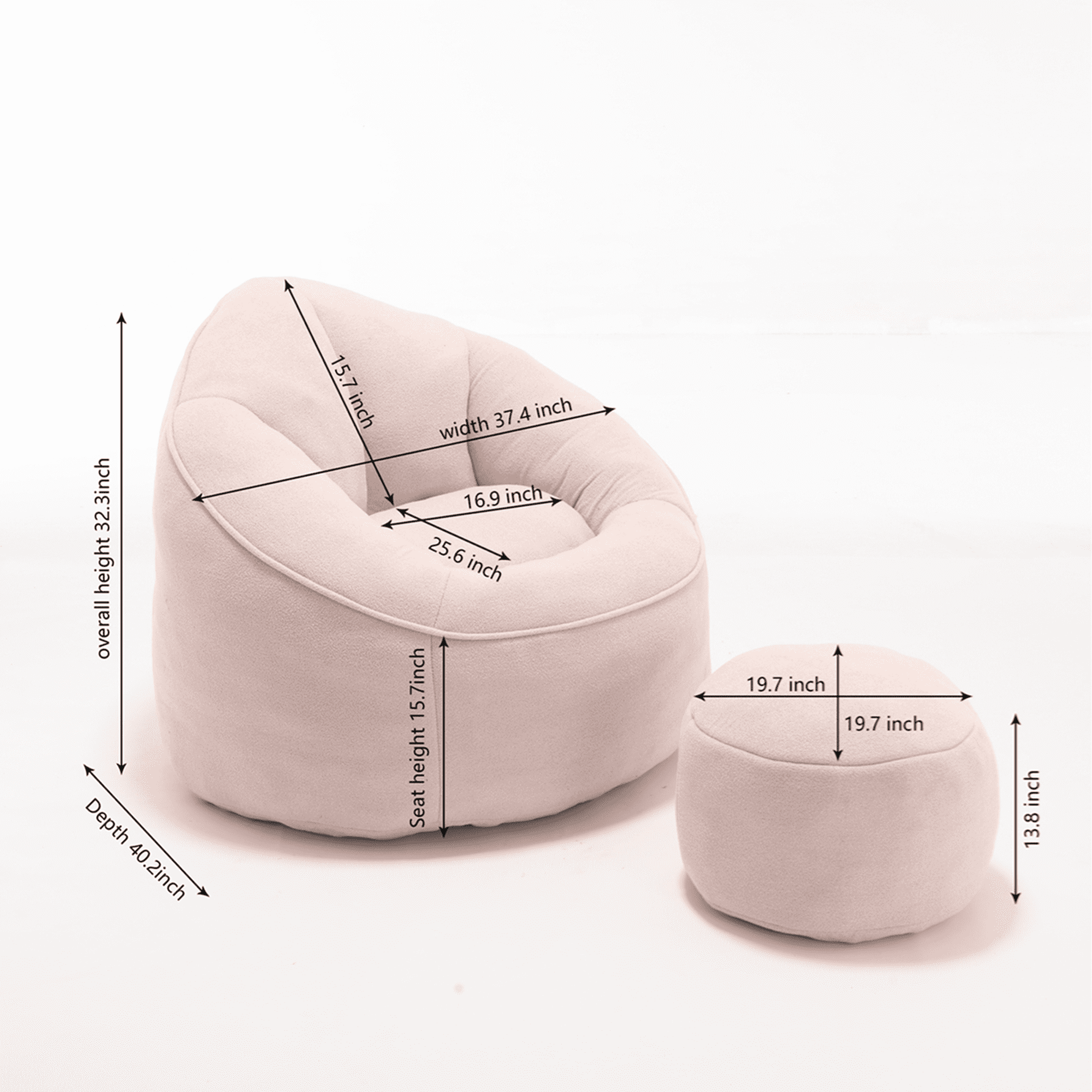Bean Bag Chair, Comfy Bean Bag Sofa with Back Support and Footrest, Bean Bag Chair for Adults and Kids, Stuffed Floor Sofa for Living Room, Bedroom, Apartment, Pink