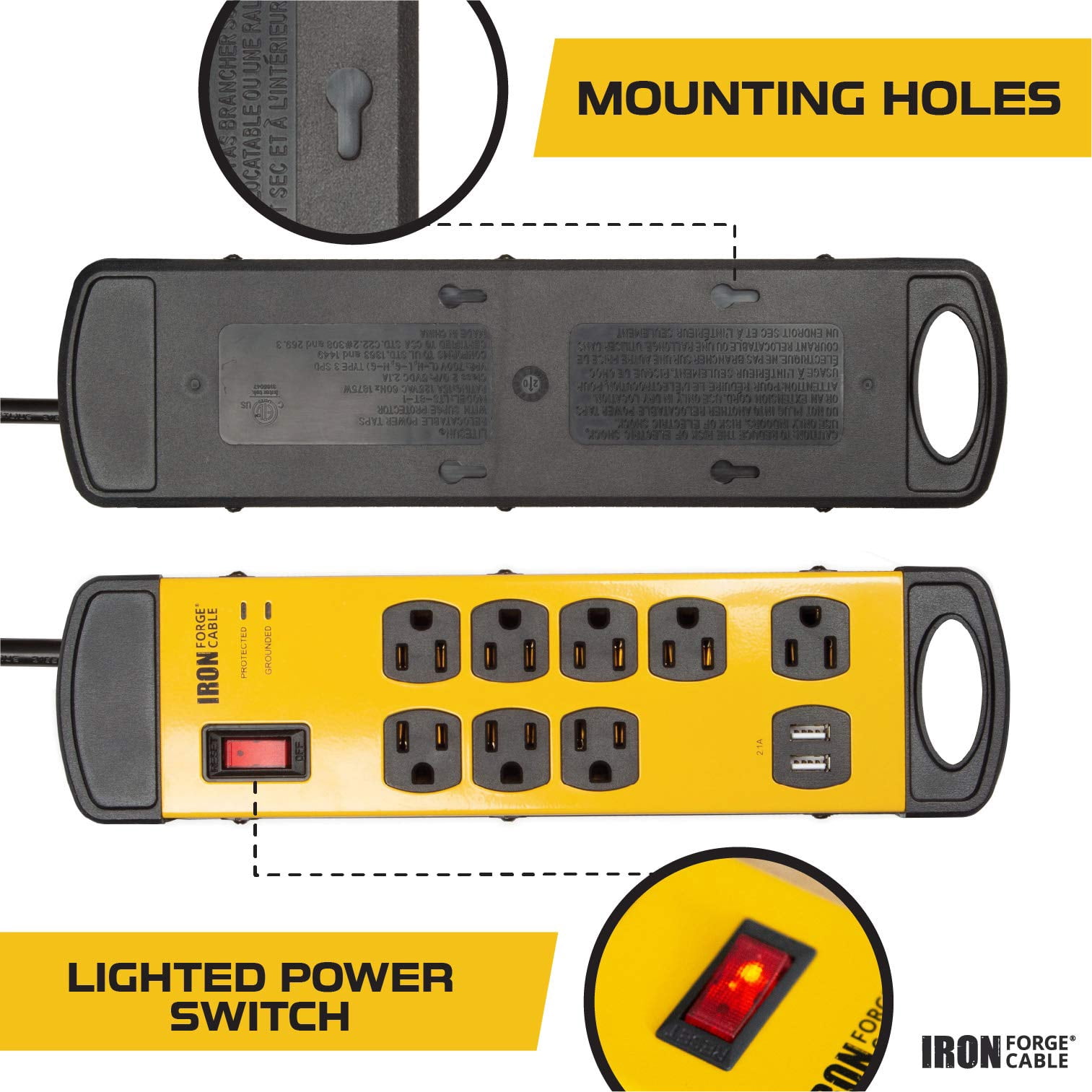 Iron Forge Cable 8 Outlet Heavy Duty Surge Protector Power Strip with Built-in Circuit Breaker, 14/3 SJT Black & Yellow with 6 ft Extension Cord
