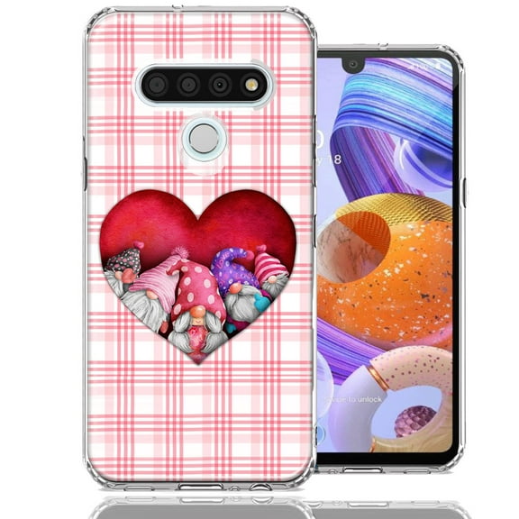MUNDAZE for LG K51 Valentine's Day Garden Gnomes Heart Love Pink Plaid Double Layer Phone Case Cover