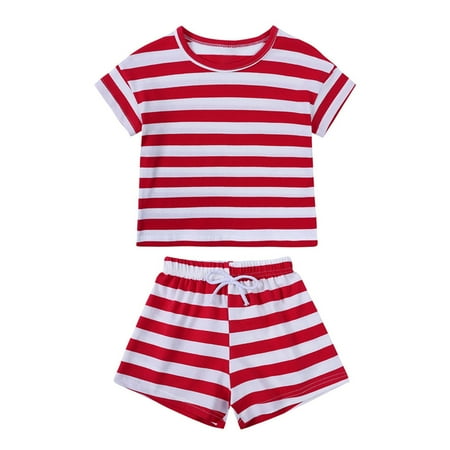 Cethrio Toddler Girls  Summer Short Sets  Short Sleeve Stripe 2-Piece Outfit Sets Red Size 2-3 T