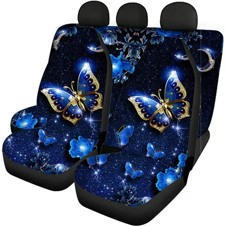 Pzuqiu Purple Butterfly Car Accessories Car Seat Covers Full Set for Women  with Steering Wheel Covers,Universal Fit Front and Rear Bench