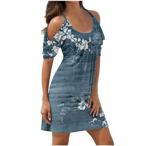 QIPOPIQ Dresses for Women Midi Dress Tiered Short Sleeve Dresses Print Off Shoulder Summer Dress Round Neck Dress 2023 Deals