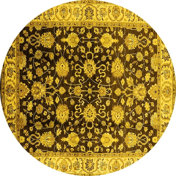 Ahgly Company Machine Washable Indoor Round Oriental Yellow Traditional Area Rugs, 4' Round