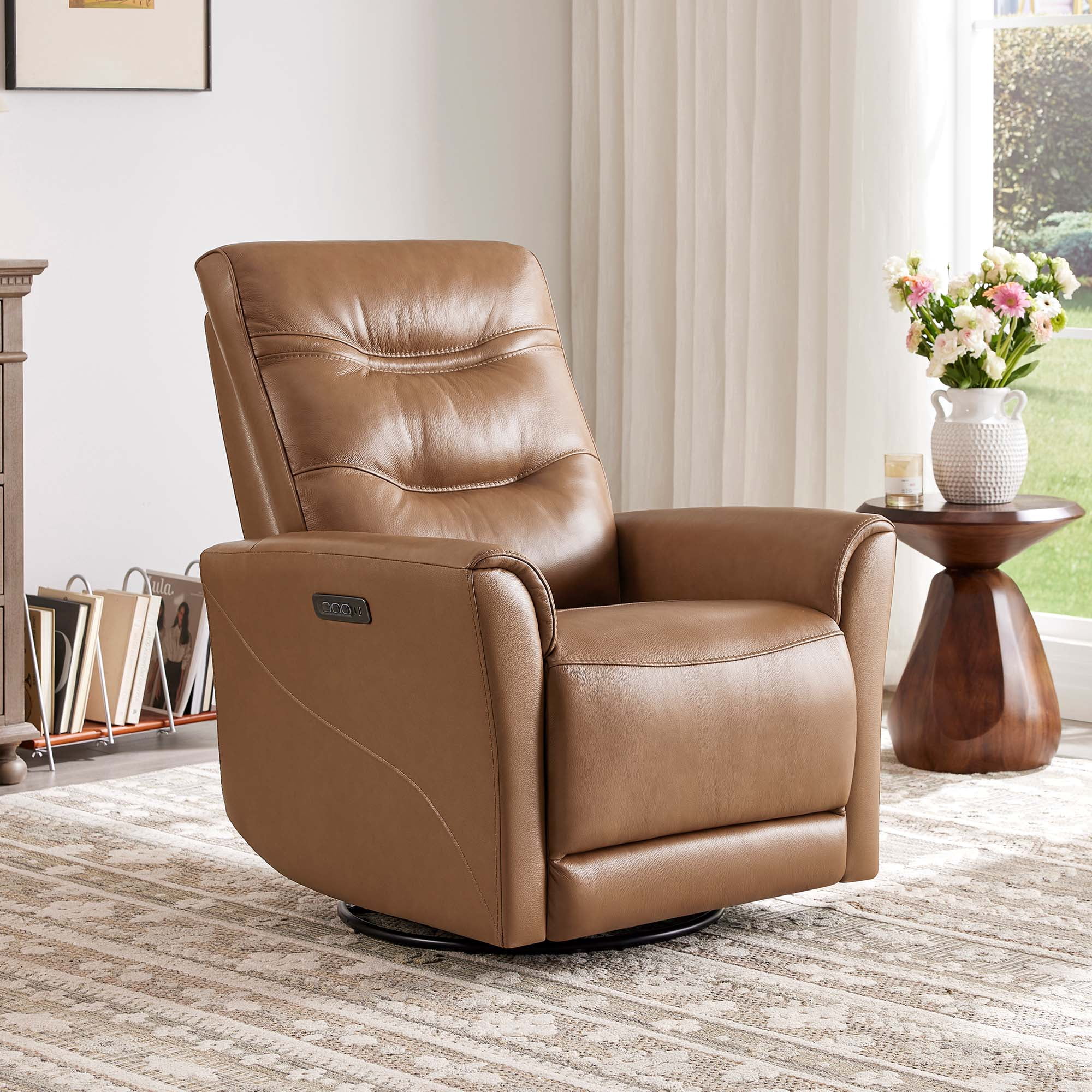 Spruce & Spring Genuine Leather Swivel Glider Recliner with Triple Motor Support, Saddle
