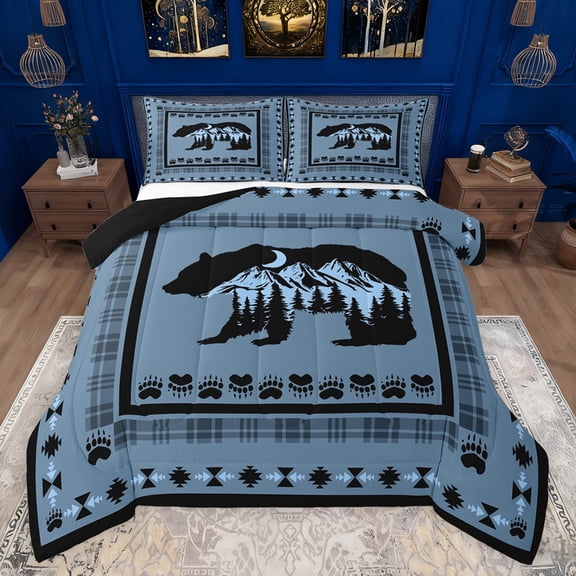 Feelyou Hippie Bear Teens Bedding Comforter Set, Rustic Countryside Cabin Twin Comforter Sets, Western Tribal Aztec Reversible Bedding Set, Lightweight Room Decor, 2pcs