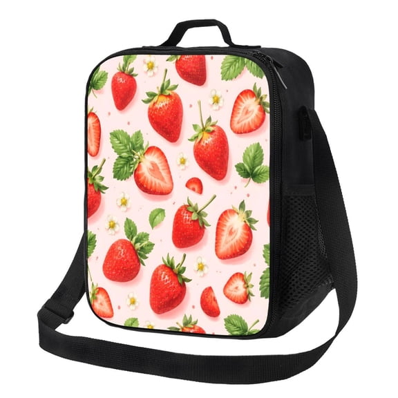 Strawberry Floral Lunch Bag Insulated Thermal Lunch Box with Shoulder Strap & Handle for Women and Men