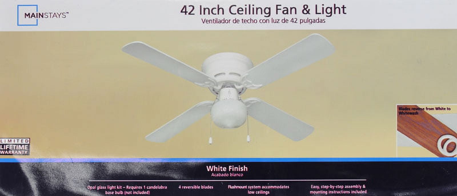 Mainstays 42" White Incandescent Flushmount Hugger Ceiling Fan with Glass Kit