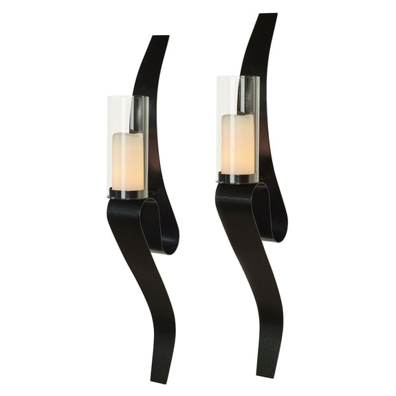 Harmony Curved Wall Sconce Pair with Included Glass Hurricane Candleholders, Black Finish