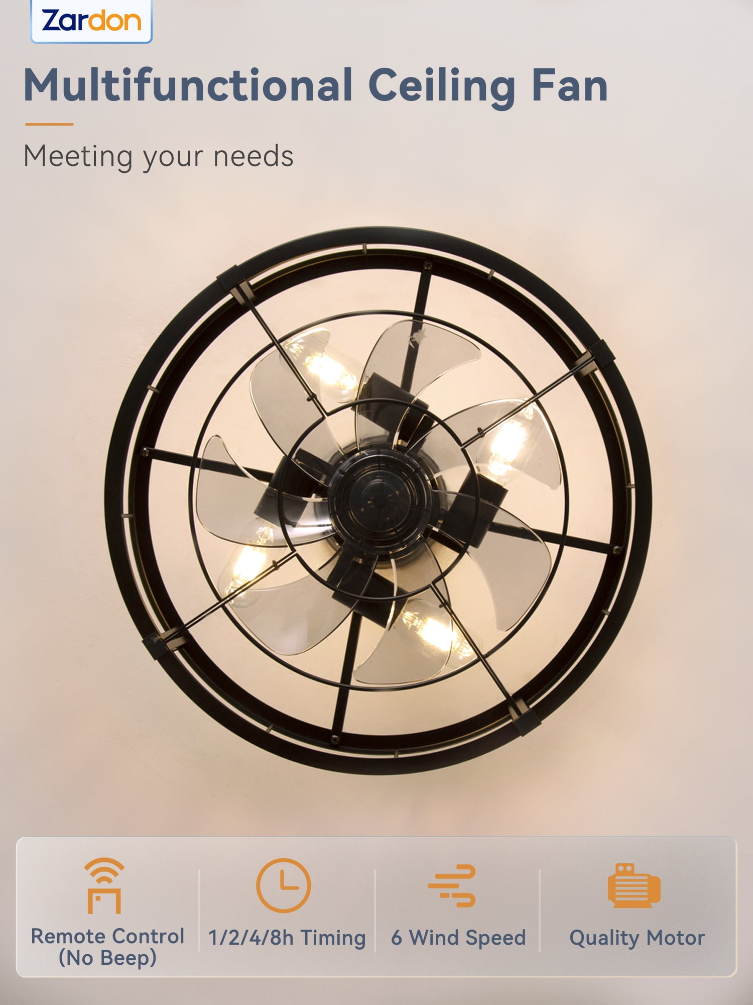 Zardon 18" Black Antique Caged Indoor Ceiling Fan with Pure Copper Motor, Dimmable LED Lights, Remote Control, 6 Speeds
