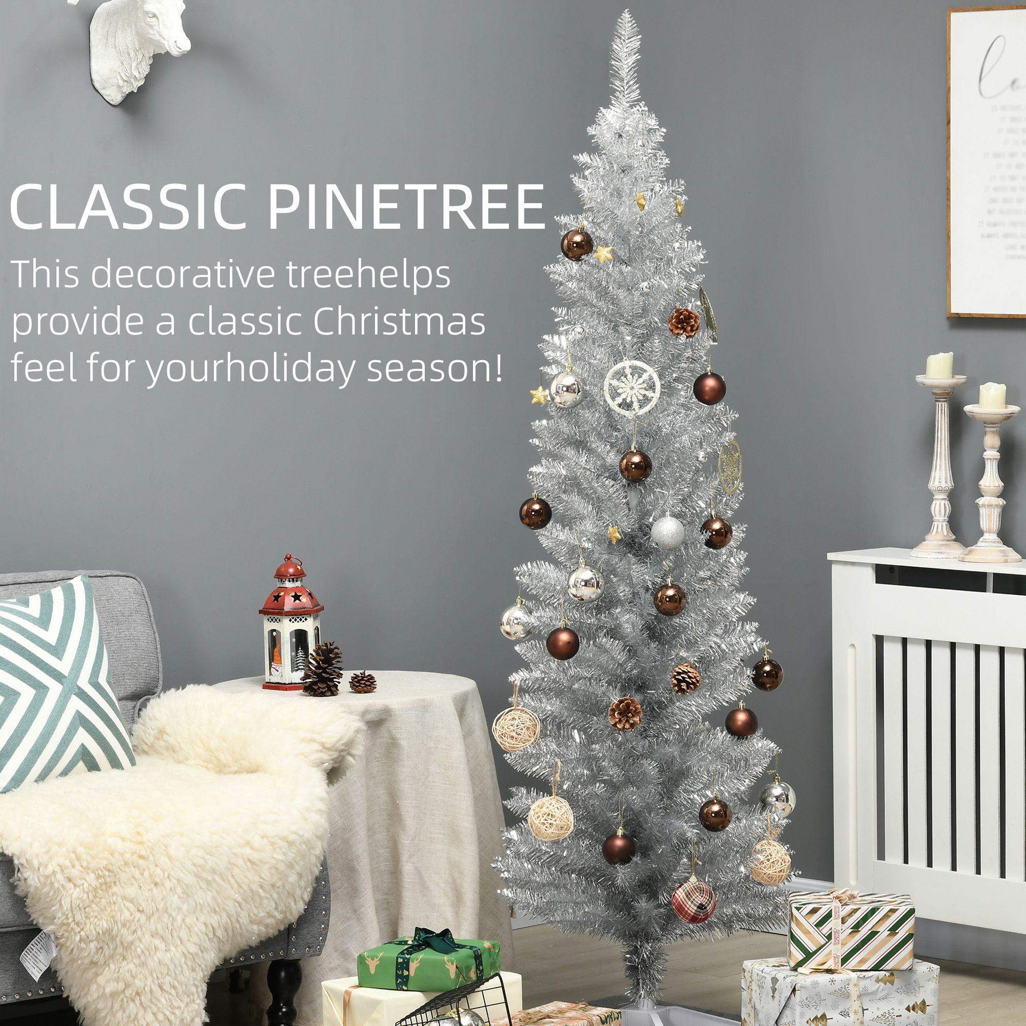 6 ft Artificial Pencil Christmas Tree, Slim Unlit Xmas Tree with 390 Branch Tips and Plastic Stand for Small Rooms and Apartments