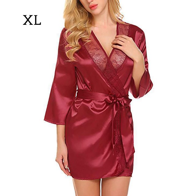 Camisón sexy para mujer, camisón de encaje, color sólido, albornoz de longitud media, ropa de dormir seitruly AP001711-04