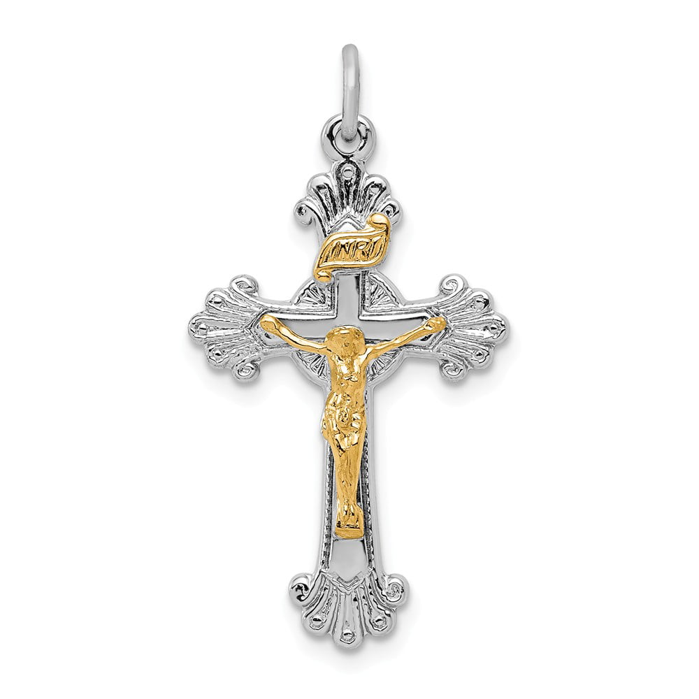 Diamond2Deal 925 Sterling Silver Rhodium-Plated 18k Gold-Plated INRI Crucifix Pendant for Women 