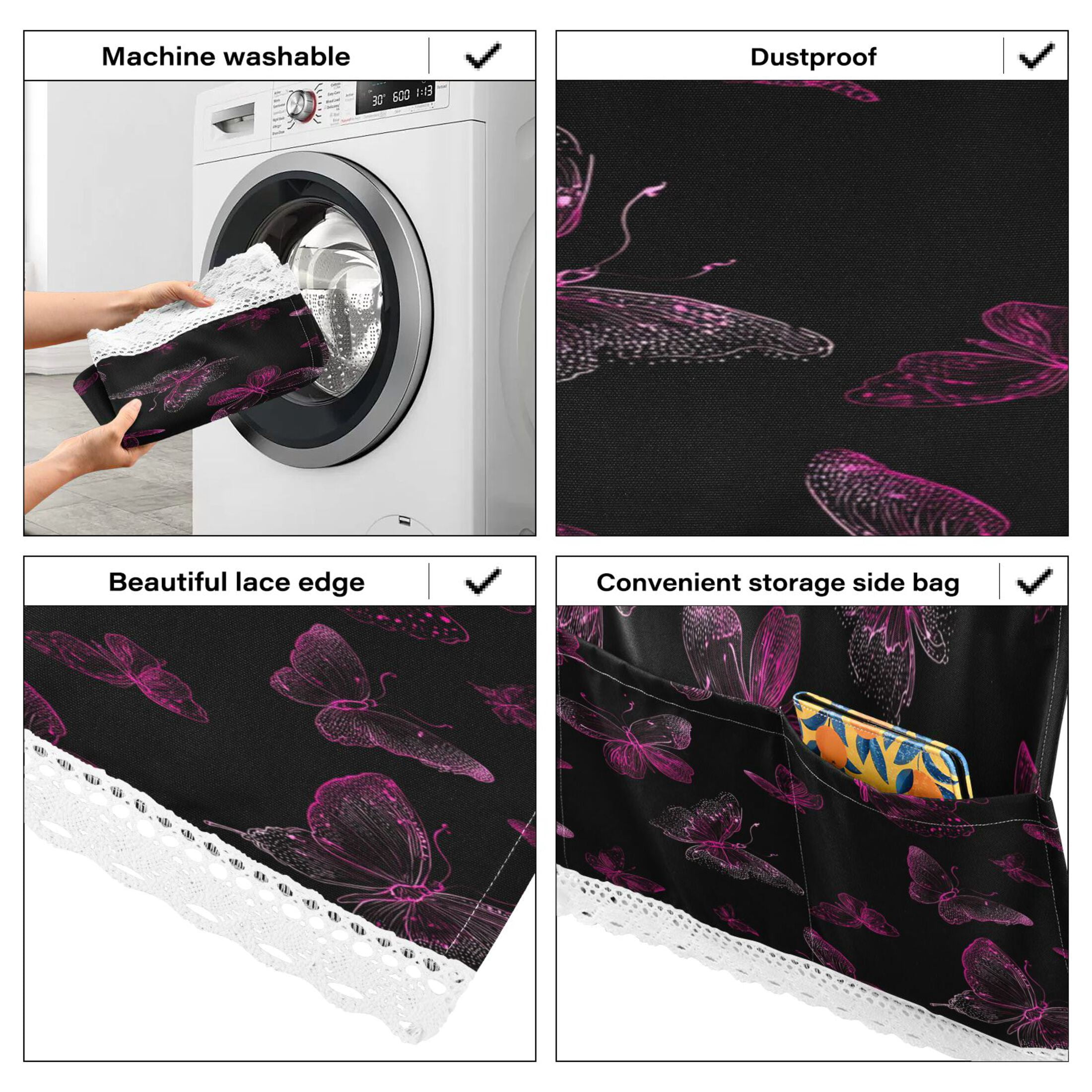 Wobogo Pink Transparent Butterfly Washing Machine Cover Dustproof Washer Dryer Cover Waterproof Laundry Room Decorative Protector