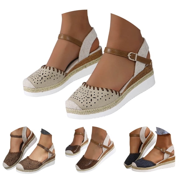 Modstep Womens Closed Toe Platform Wedge Sandals Espadrilles Hollow Out Dressy Summer Shoes with Adjustable Elastic Ankle Strap Beige 6.5