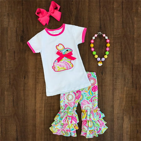 2PCS Toddler Kids Baby Girls Easter Rabbit Floral Tops T-shirt + Long Ruffles Pants Outfits Set