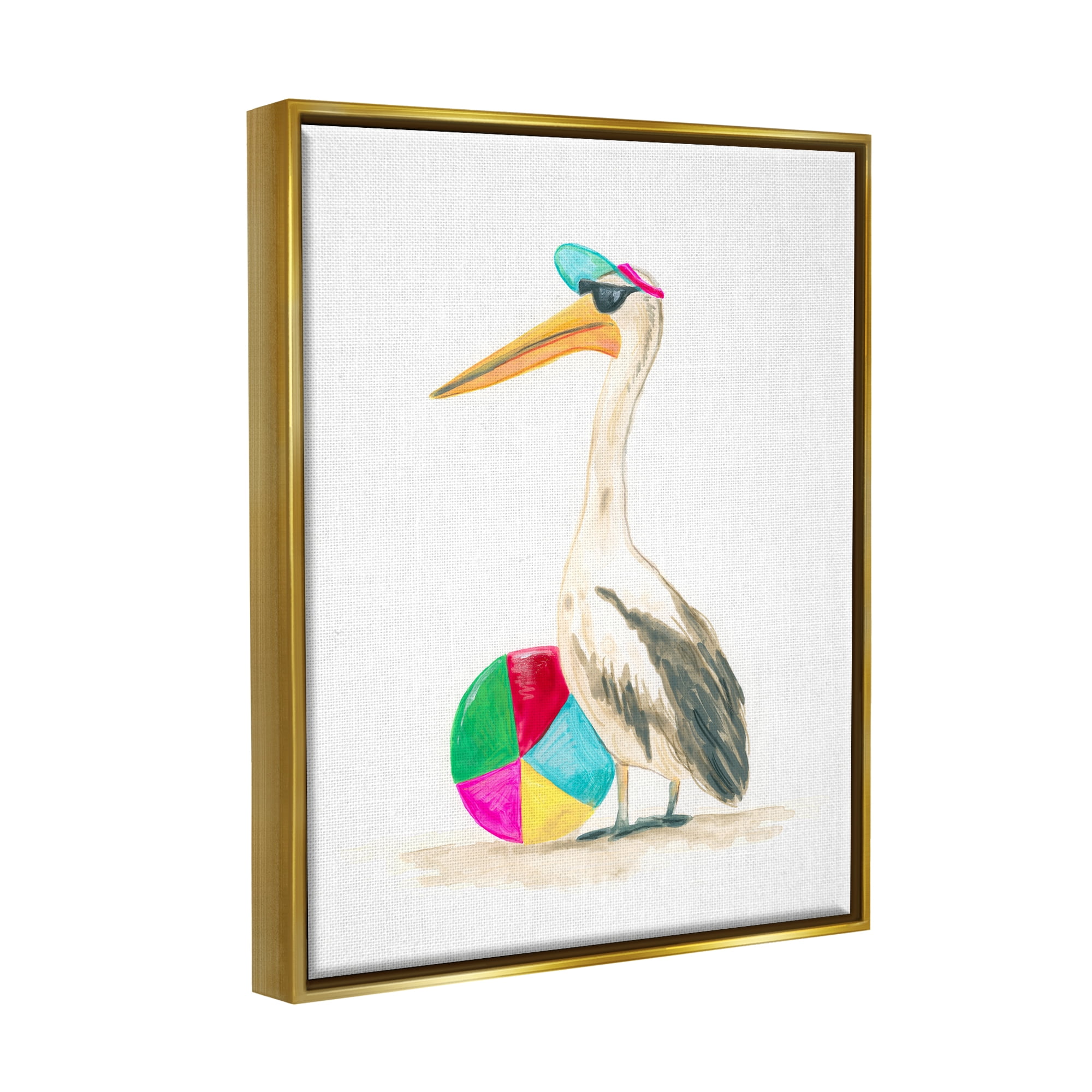 Stupell Industries Stork & Beach Ball Animals & Insects Painting Gold Floater Framed Canvas Art Print Wall Art, 17 x 21