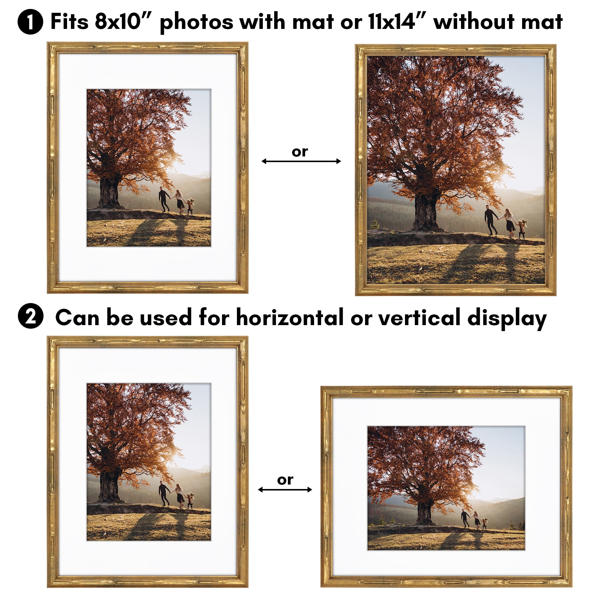 Americanflat 11x14 Picture Frame with Shatter-Resistant Glass with 8x10 Mat Bamboo Design Display Photo - Gold