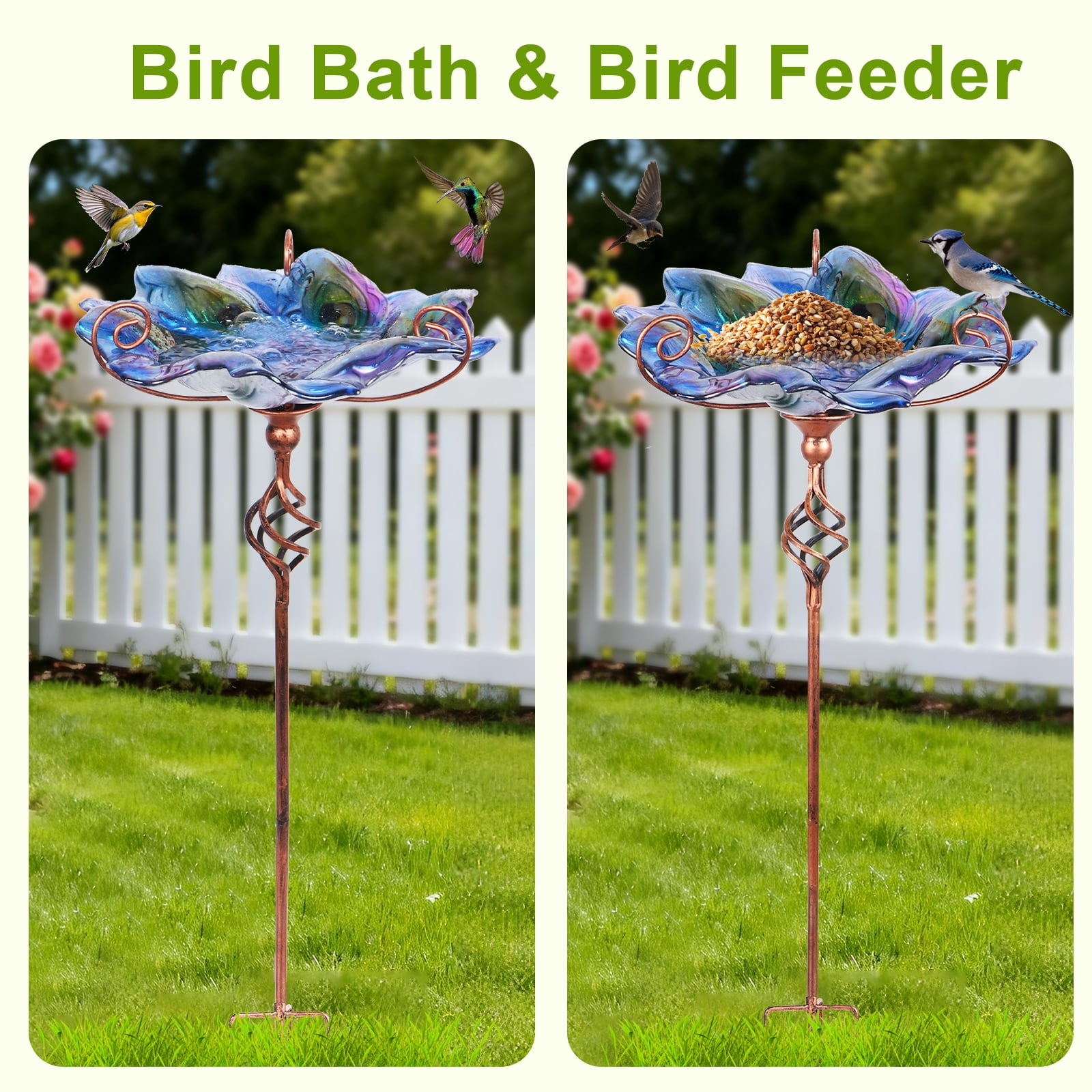 12-Inch Glass Bird Bath, Garden Outdoor Birdbaths Birdfeeder with Metal Stake Peacock Bird Baths for Outside Yard