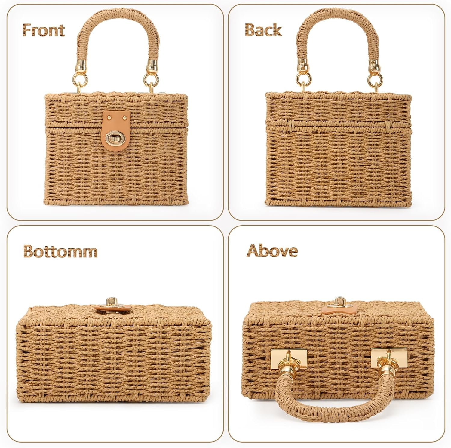 Women Handwoven Rattan Handbag Beach Straw Tote Bag Square Boho Crossbody Bag