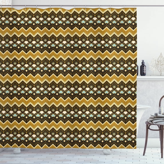 Aztec Shower Curtain, Groovy Timeless Folk Gypsy Mexican Zig Zag African Traditional Retro, Fabric Bathroom Set with Hooks, 69W X 75L Inches Long, Apricot Black Turquoise, by Ambesonne