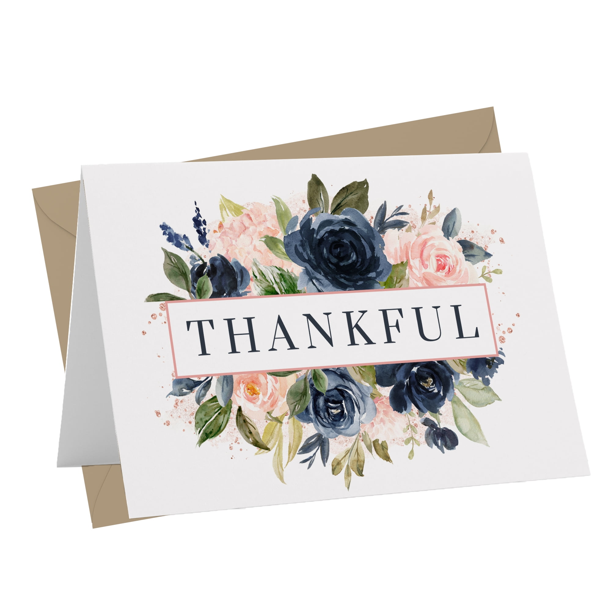 Blush Floral Thank You Cards with Envelopes Pack of 25 Notecards for Wedding Girls Baby Shower Graduation Retirement Any Occasion Rustic Navy and Pink Stationery Set Folded Paper Clever Party