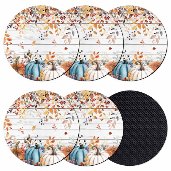 Orange Blue Fall Coasters Set of 6, Absorbent Coasters for Drinks, Pumpkins Botanical Thanksgiving Wooden Coaster for Desk Coffee Table Protection, Home Decor House Warming Gifts 4"