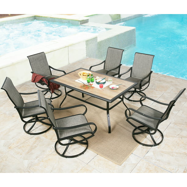 Ulax Furniture 7 Pieces Patio Dining Set Outdoor Textilene Mesh Fabric Swivel Chairs Of 6 With Wood Like Rectangular Table Com - Patio Dining Set Mesh Chairs