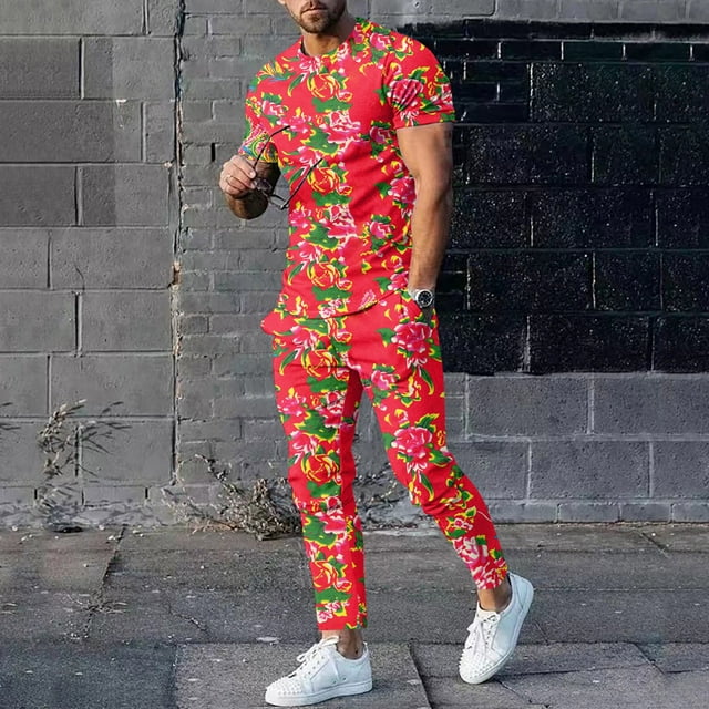 Ensemble de Complets pour Hommes à Imprimé Floral Moderne pour le Printemps et l'Automne avec Haut à Manches Longues à Col Rond et Bas Coordonnés Tenue Décontractée Élégante pour Hommes