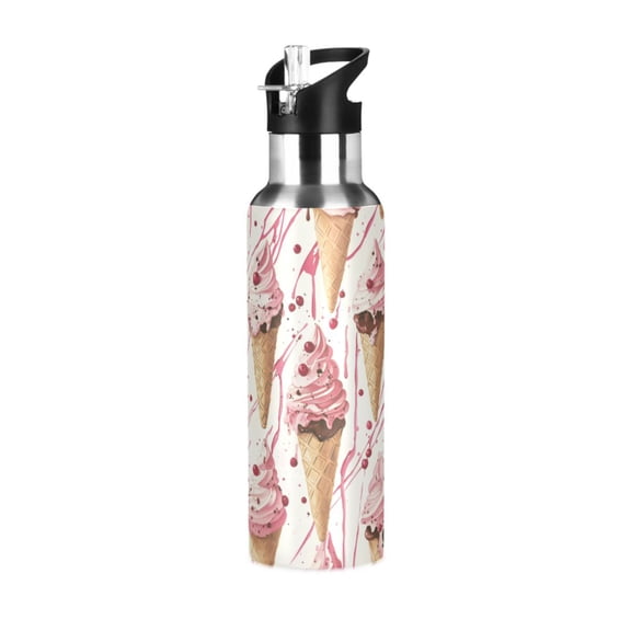 Yayeee 20oz Insulated Water Bottle Double Wall Stainless Steel with Flip Straw Lid, Pink Ice Cream Pattern