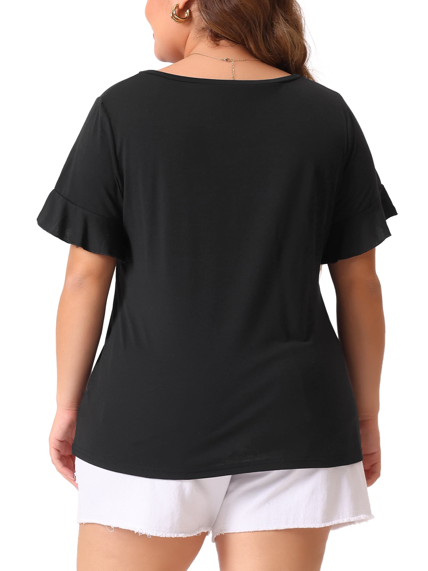 DARING DIVA Women's Plus Plain Crew Neck Ruffle Short Sleeves Blouse 2X Black